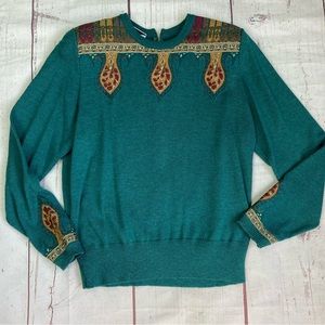 Vintage Parnes Feinstein S Small Sweater Green Knit Zip Back Shoulder Pads USA